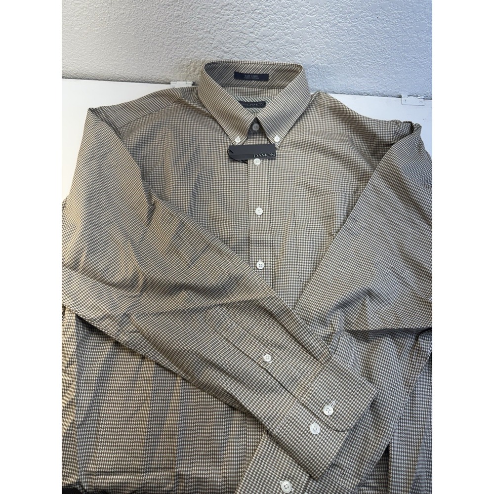Damon Mens Large Brown Houndstooth Button Down Shirt Easy Care NWT L